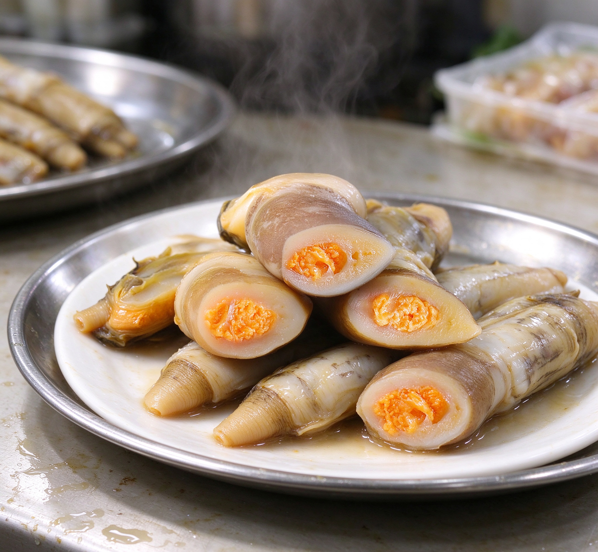 Delicious Steamed Bamboo Clams with Luscious Orange Roe